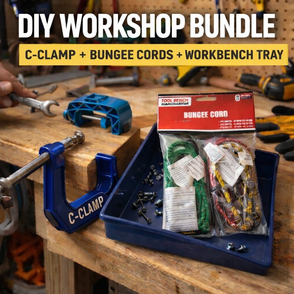 NWOT: Work Bench Clamp-on Tray, Irwin 3-Inch C-Clamp, 6 Pack Bungee Cords Bundle